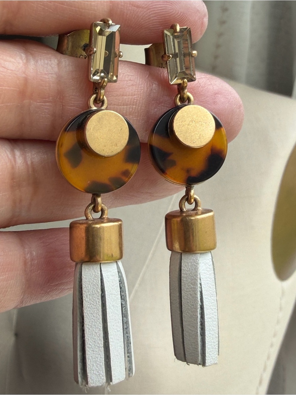 J. CREW | Gold & Tortoiseshell Drop Earrings with White Leather Tassels